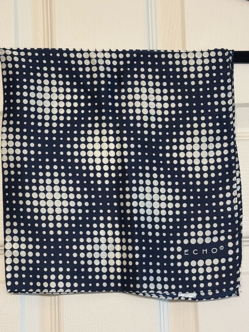 Vintage Echo Scarf—100% Silk—Navy and White geometric Polka Dot Pattern